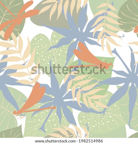 Abstract seamless background with tropical leaves. Minimal design, freehand composition, modern style.