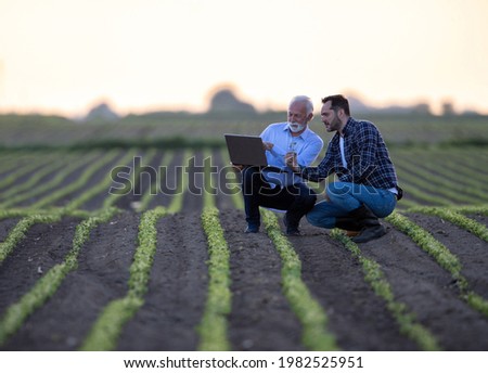 Two men crouching in soy field using computer. Farmer and businessman looking at sprout, pointing explaining using modern technology computer in agriculture.  Royalty-Free Stock Photo #1982525951