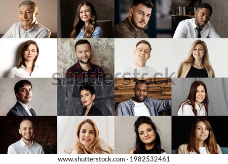 Collage or mosaic of diverse ethnicity young people group headshots, smiling multicultural people looking at camera, during video conference, meeting from home during quarantine. High quality photo