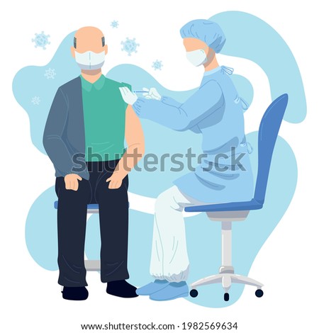 Female nurse character applying a vaccine to an old man