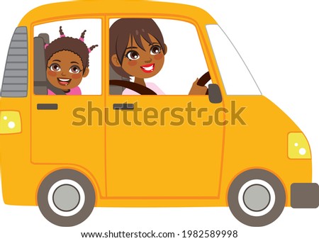 Vector illustration of young black mom on yellow car with smiling daughter sitting on the back seat