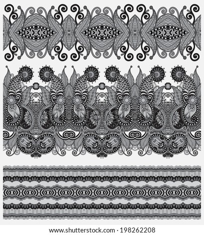 grey set of seamless ornamental floral stripes, black and white collection