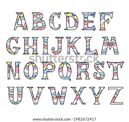 Happy rainbow striped abc in cartoon style in pastel colors isolated on the white. Vector Illustration