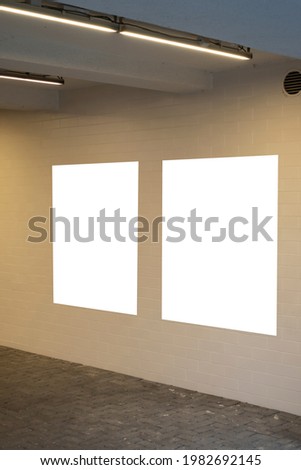 Mock up. Two white blank billboard, poster frame, advertising on the the wall inside the store