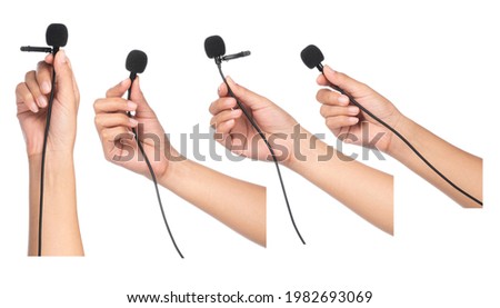 Collection of hand holding Microphone lapel or lavalier isolated on white background.