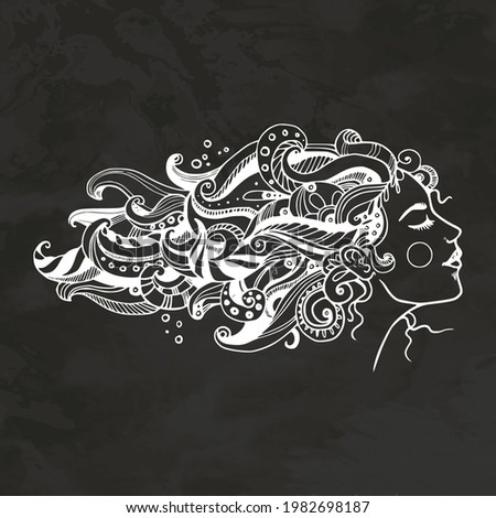 Woman With Art Hair Silhouette Hand Drawn Sketch Engraving Style Retro Vintage Vector Illustration