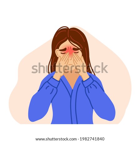Woman suffering from sinus headache, pressing hands to bridge of nose. Sinusitis, nasal infection, respiratory disease. Vector hand-drawn character. Royalty-Free Stock Photo #1982741840