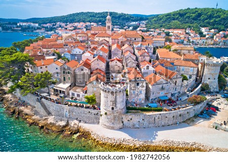 Korcula island. Historic town of Korcula aerial view, island in archipelago of southern Croatia Royalty-Free Stock Photo #1982742056
