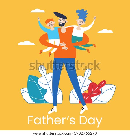 Happy Father's Day greeting card. Hand-drawn funny picture of dad and children.  Flat design Vector illustration.