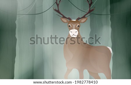 Vector horizontal illustration of dark forest with wild elk in forest.