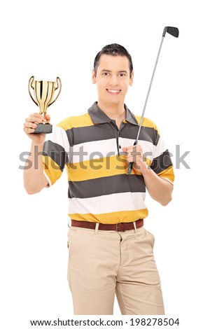 Golfer holding a trophy and a golf club isolated on white background