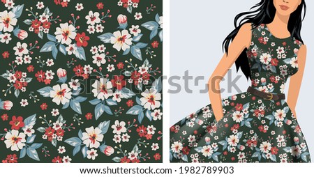 Seamless vector vintage floral pattern for gift wrap, fabric, cover and interior design with flowers. And example of usage with mock up pattern 