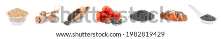 Collage of poppy seeds with flowers and bun on white background