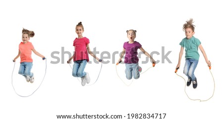 Cute happy children with jumping ropes on white background, collage. Banner design Royalty-Free Stock Photo #1982834717