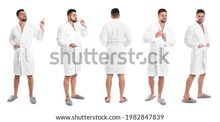 Man wearing bathrobe on white background, collage. Banner design Royalty-Free Stock Photo #1982847839