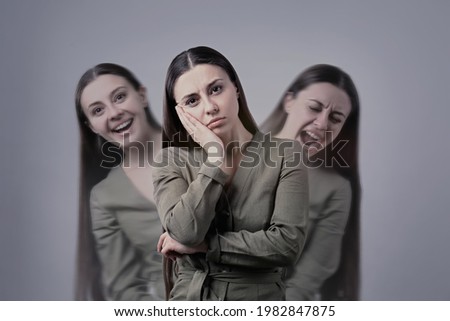 Woman with personality disorder on light background, multiple exposure  Royalty-Free Stock Photo #1982847875