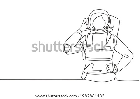 Single one line drawing female astronaut with call me gesture wearing spacesuits to explore outer space in search mysteries of universe. Modern continuous line draw design graphic vector illustration