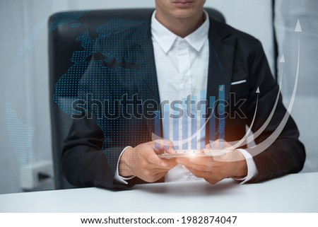 Businessman working with laptop computer with icons on  and office 