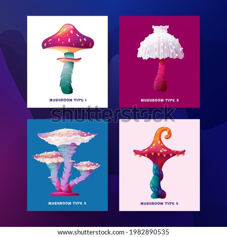 Collection Set of Postcards with Colorful Fantasy Magic Mushroom Vector Design. Lighting Fungus and Unrealistic Uneartly Alien Botany, Luminous Caps. Individual and Mycelium. For Game Design, Gift Tag