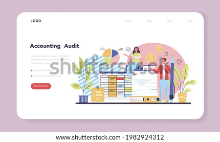 Auditor web banner or landing page. Business operation specialist. Professional financial management. Financial inspection and analytics. Isolated flat vector illustration