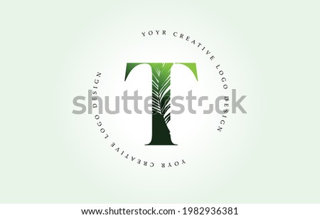 Exotic Letter T Logo with Palm Tree Leaf Pattern Texture Design Logo Icon. Creative Palm Tree Letter Logo with Modern Leafs Organic Natural Bio Idea.