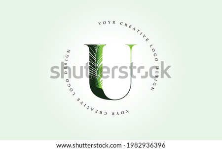 Exotic Letter U Logo with Palm Tree Leaf Pattern Texture Design Logo Icon. Creative Palm Tree Letter Logo with Modern Leafs Organic Natural Bio Idea.