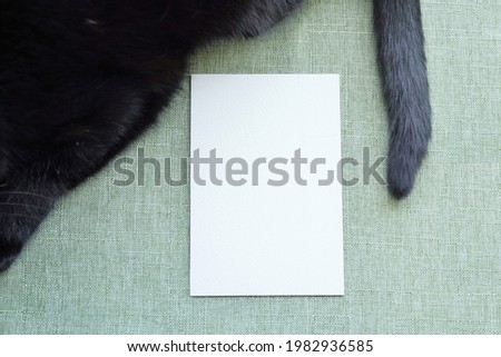 A mockup of a blank rectangular card with a black cat tail on a green Japanese-style cloth background