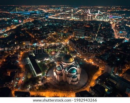 Drone night long exposure of St. Sava temple and rest of Belgrade Royalty-Free Stock Photo #1982943266