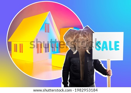 Real estate transactions. Collage Mockup private house man with elephant house selling house Banner with words sale in his hands. Art illustration on topic of selling real estate. Sale house.