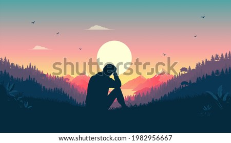 Melancholy man sitting in landscape thinking and contemplating. Beautiful warm nature and sunset in sky. Melancholic feeling concept. Vector illustration. Royalty-Free Stock Photo #1982956667