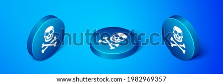 Isometric Skull on crossbones icon isolated on blue background. Happy Halloween party. Blue circle button. Vector