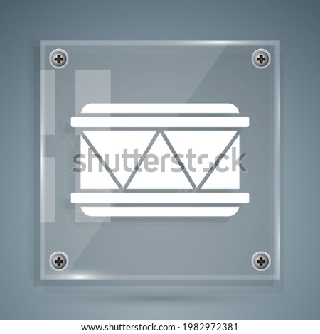 White Drum icon isolated on grey background. Music sign. Musical instrument symbol. Square glass panels. Vector