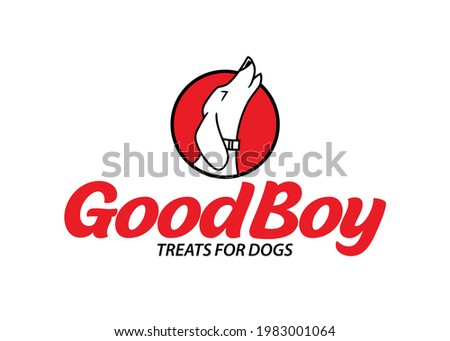 Template for a pets company, formed by the icon of the head of a howling dog, framed in a circular shape, with a typography that says: Good Boy, treats for dogs.