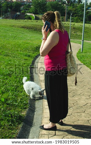 Young woman with small dog and smart phone walking in park