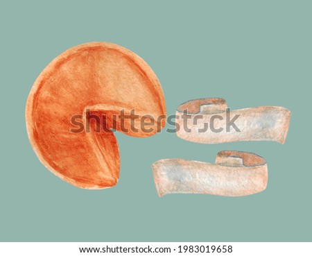 Fortune cookies. Cookie with predictions. Chinese Christmas cookies. Set objects isolated on a white background. The illustration is hand-drawn with watercolor.