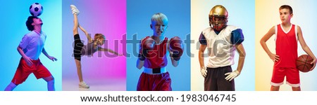 Football, basketball and box. Collage of different professional sportsmen, fit people in action and motion isolated on multicolored background in neon. Flyer. Concept of sport, achievements