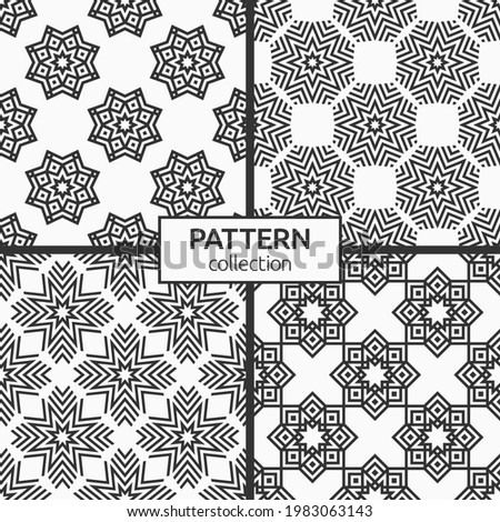 Set of four seamless stars, snowflakes patterns. Repeating geometric shapes. Vector monochrome backgrounds.