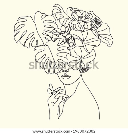 Beauty woman face with Eucalýptus leaves One Line drawing art. Continuous line icon for spa salon or organic cosmetics