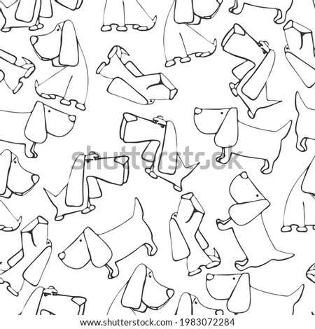 cute cartoon beagle dog, seamless pattern, black and white sketch, contour, coloring book
