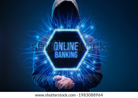 Dangerous hacker. Internet, cryptocurrency, finance, business, cyber crime, cyber attack, game, breaking and malware concept. Dark background. Futuristic holographic interface to display data.
