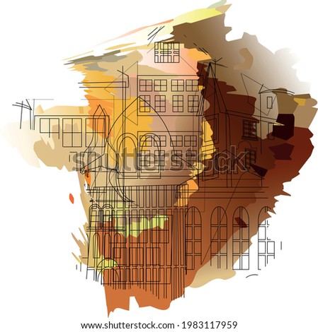 Abstract combination of city on watercolor background. France architecture 14.