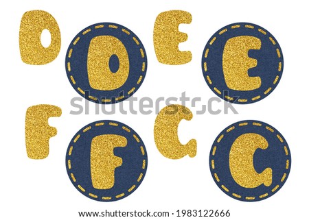 Bold glitter Latin alphabet on denim circles. Clip art set on white background. Letters D, E, F, G