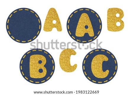 Bold glitter Latin alphabet on denim circles. Clip art set on white background. Letters A, B, C