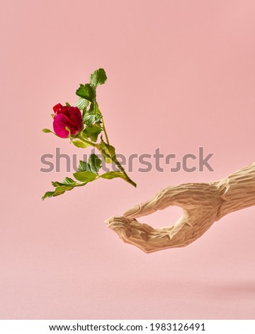 Wooden hand letting out a red rose. Ecology or love concept.