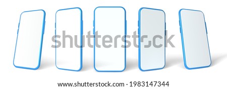 Blue smartphone mockup, 3D vector template set. Mobile phone front view on the white background