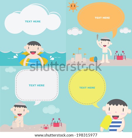 Cute boy on the beach I with speech bubble: Kids