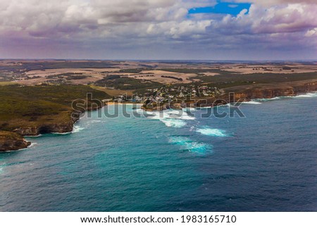  Pacific coast. Australia. Scenic coastline. The concept of extreme, active and photo tourism. Picture taken from a helicopter