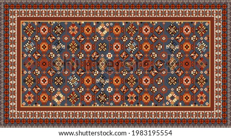 Colorful mosaic oriental rug with traditional folk geometric ornament and floral motifs. Carpet border frame pattern. Vector 10 EPS illustration. Royalty-Free Stock Photo #1983195554