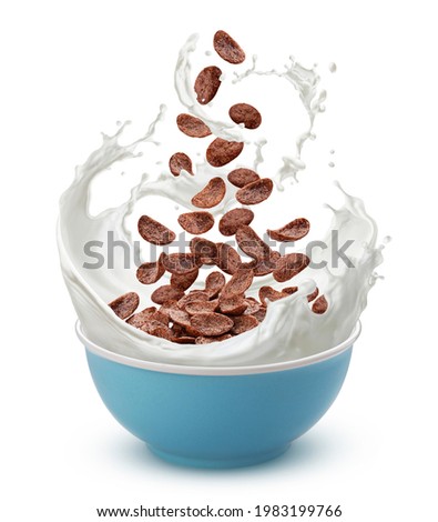 Bowl of chocolate corn flakes with milk splash isolated on white background Royalty-Free Stock Photo #1983199766