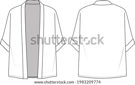 Women's Short-Sleeve Chiffon Kimono. Jacket technical fashion illustration. Flat apparel jacket template front and back, white color. CAD mock-up. Royalty-Free Stock Photo #1983209774